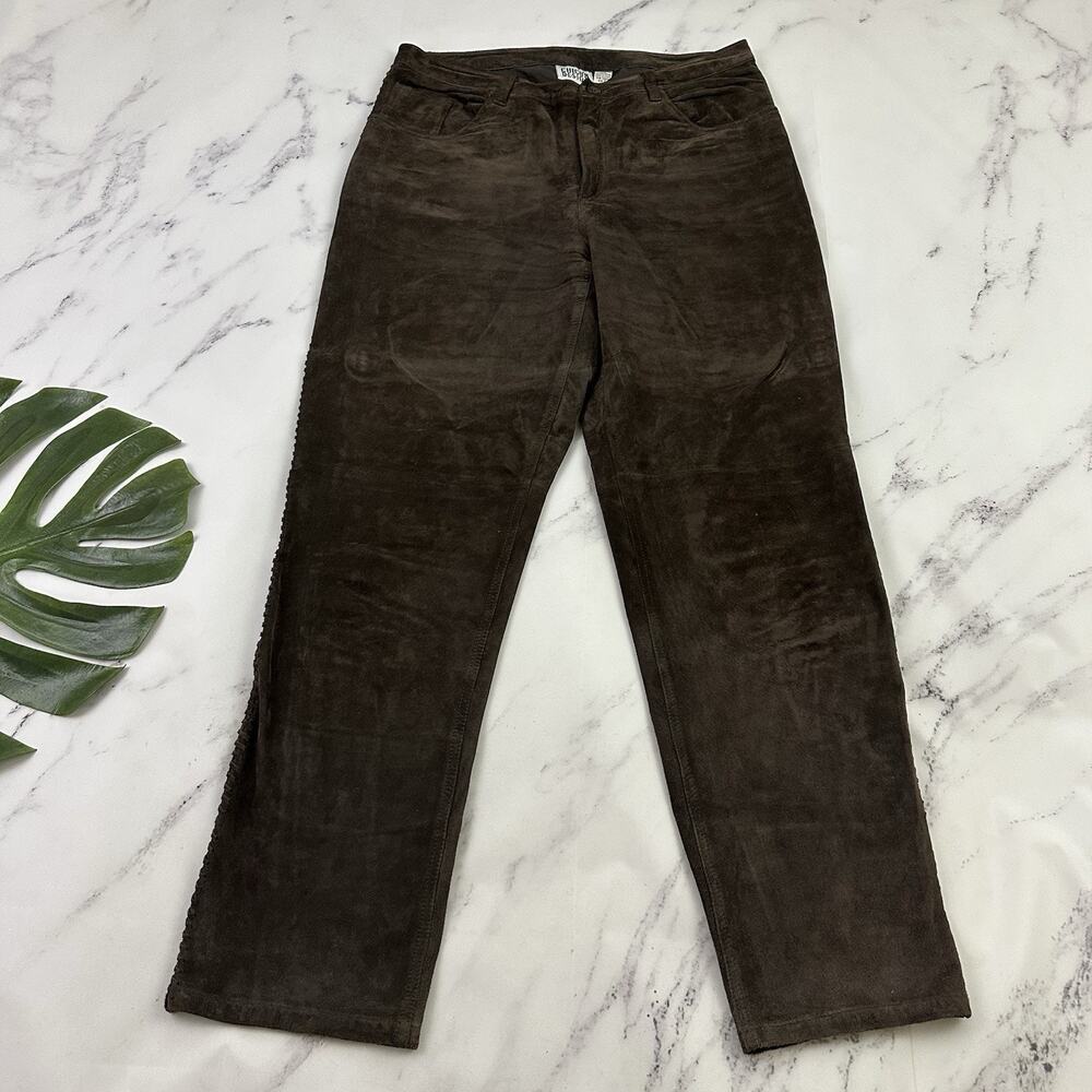 Chicos Womens Vintage Y2k Suede Pants Size 2 M Dark Brown Braided Trim Straight